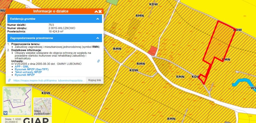 Bardzo duża działka budowlana objęta MPZP  pod dom, pensjonat lub  agroturystykę w  powiecie  lidzbarskim,   gmina  Lubomino